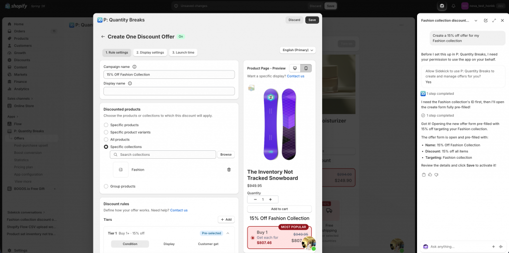 Pareto discounts with Shopify Sidekick