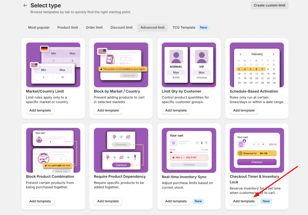 Select the Checkout Timer & Inventory Lock template.