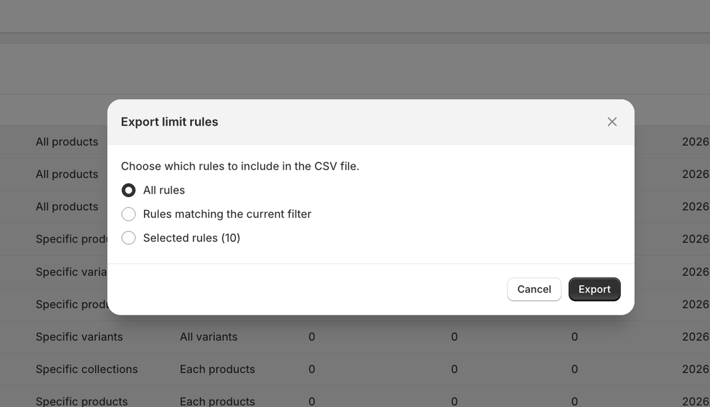Limit rules page
