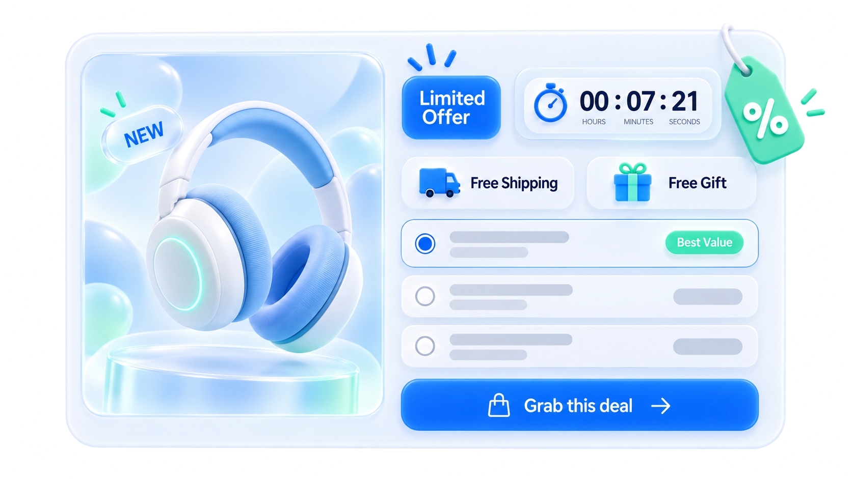 Product offer widget with a countdown timer, free shipping and free gift badges, quantity tiers, and a Grab this deal button